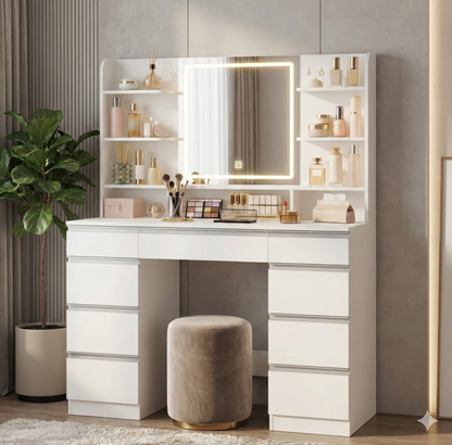 Modern Vanity Table with Integrated LED Mirror – Elegant Storage & Professional Lighting