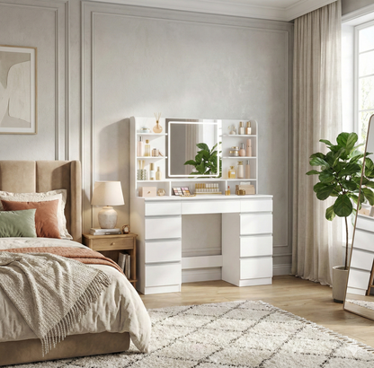 Modern Vanity Table with Integrated LED Mirror – Elegant Storage & Professional Lighting