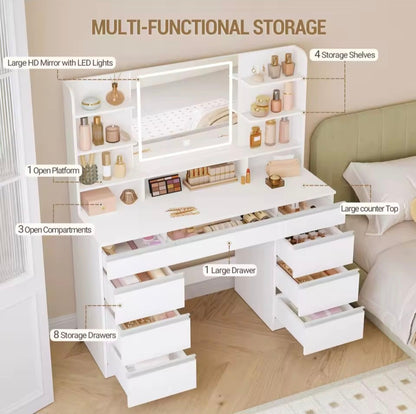 Modern Vanity Table with Integrated LED Mirror – Elegant Storage & Professional Lighting