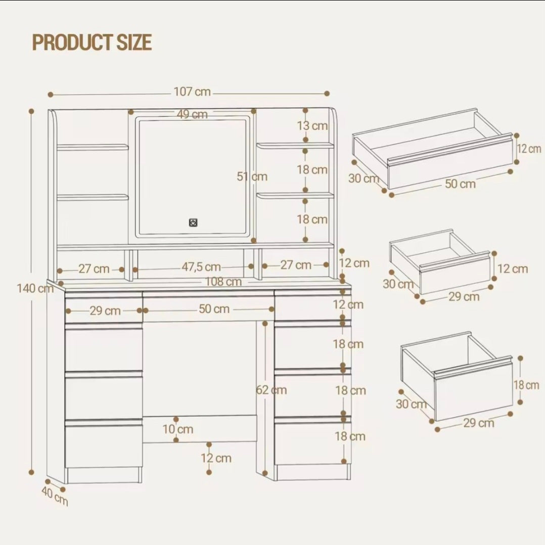 Modern Vanity Table with Integrated LED Mirror – Elegant Storage & Professional Lighting